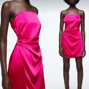 Zara Pink Ruched Cocktail Dress with Rhinestone Straps